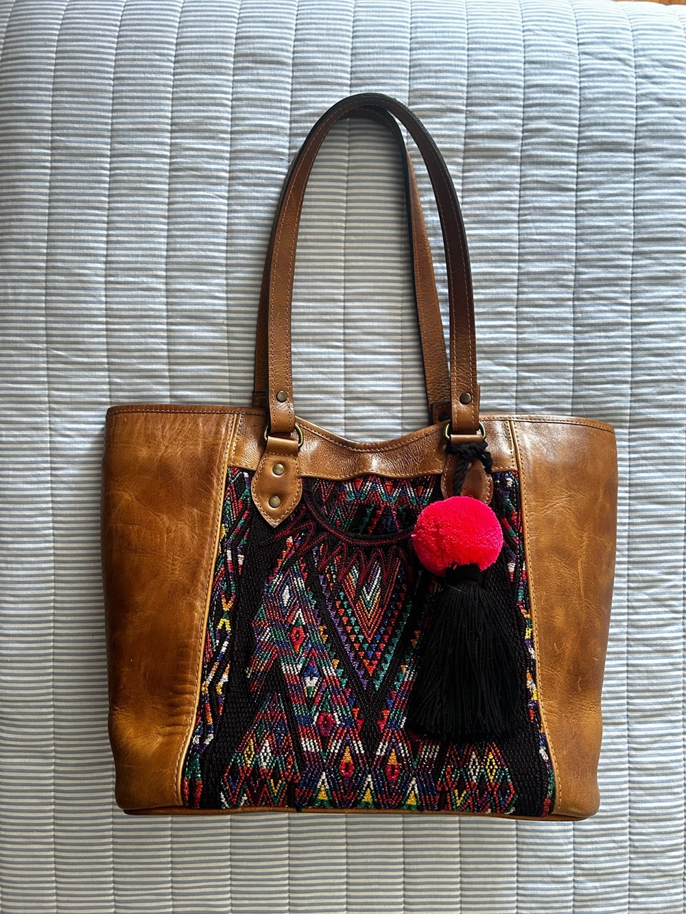 Leather-huipil Guatemalan Multicolor Boho Tote Bag with Pom Tassel